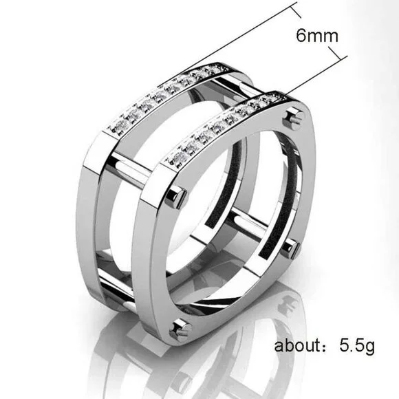 ▶Square Glitter Zircon Double Layer Silver Plated Ring for Men, L187